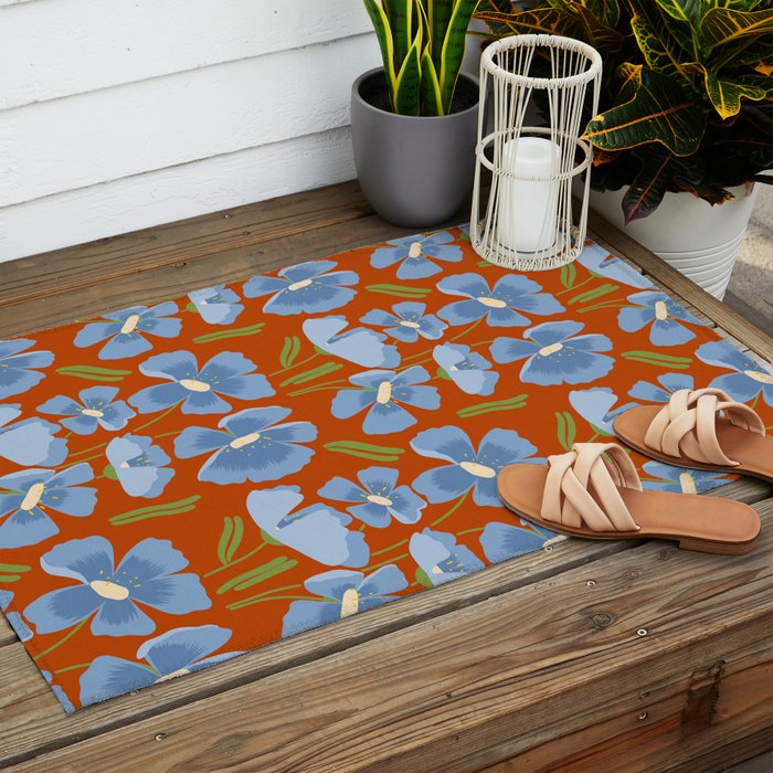 Harleigh Flower Art, Orange and Blue Outdoor Rug Gallery Image 2