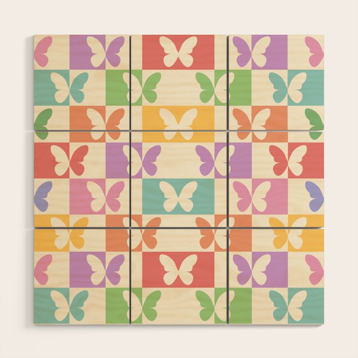 Retro Colorful Butterfly Checkered Pattern Wood Wall Art Gallery Image 1