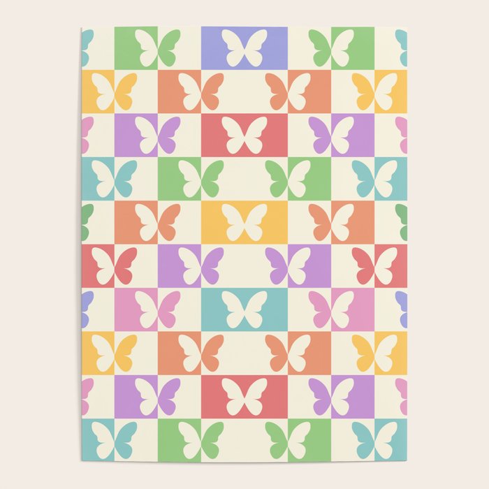 Retro Colorful Butterfly Checkered Pattern Poster Gallery Image 1