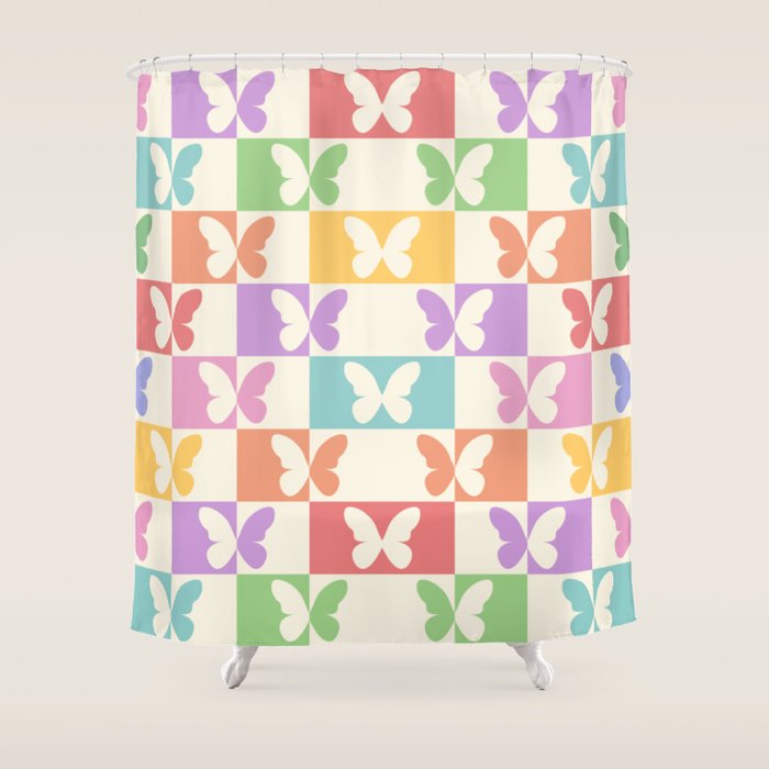 Retro Colorful Butterfly Checkered Pattern Shower Curtain Gallery Image 1