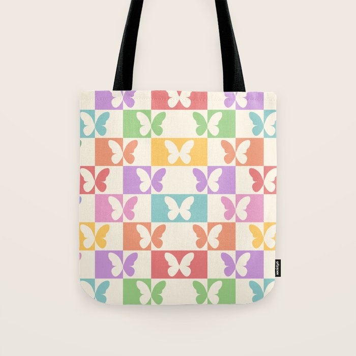 Retro Colorful Butterfly Checkered Pattern Tote Bag Gallery Image 1
