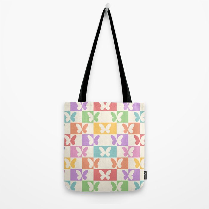 Retro Colorful Butterfly Checkered Pattern Tote Bag Gallery Image 2