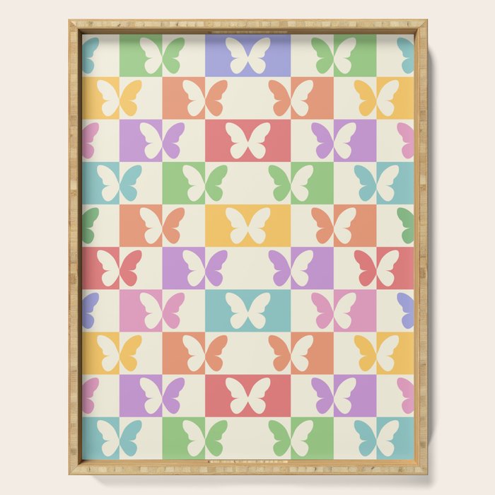 Retro Colorful Butterfly Checkered Pattern Serving Tray Gallery Image 1