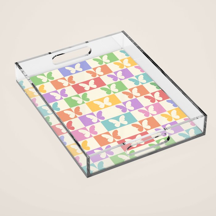 Retro Colorful Butterfly Checkered Pattern Acrylic Tray Gallery Image 1
