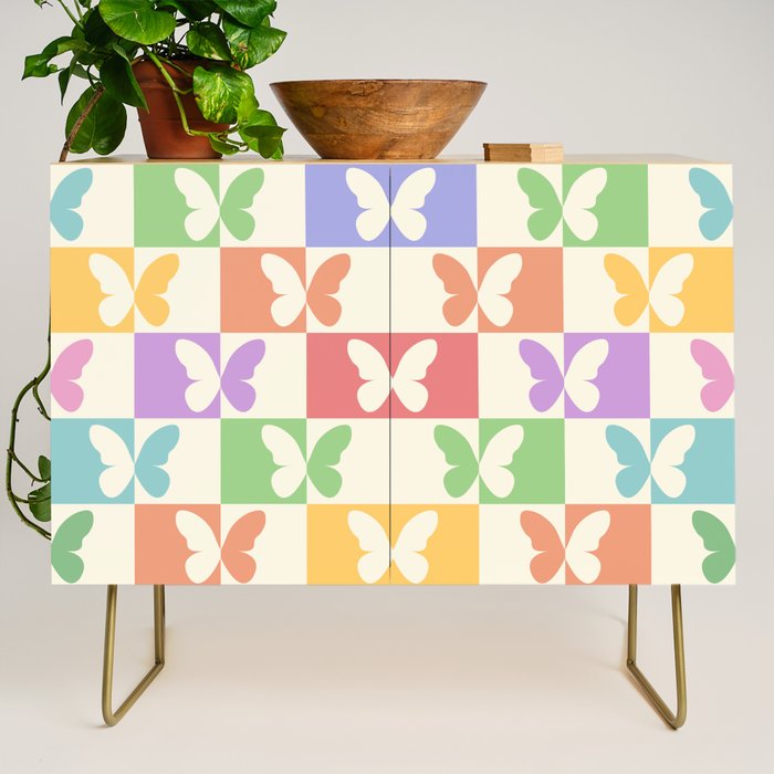 Retro Colorful Butterfly Checkered Pattern Credenza Gallery Image 1