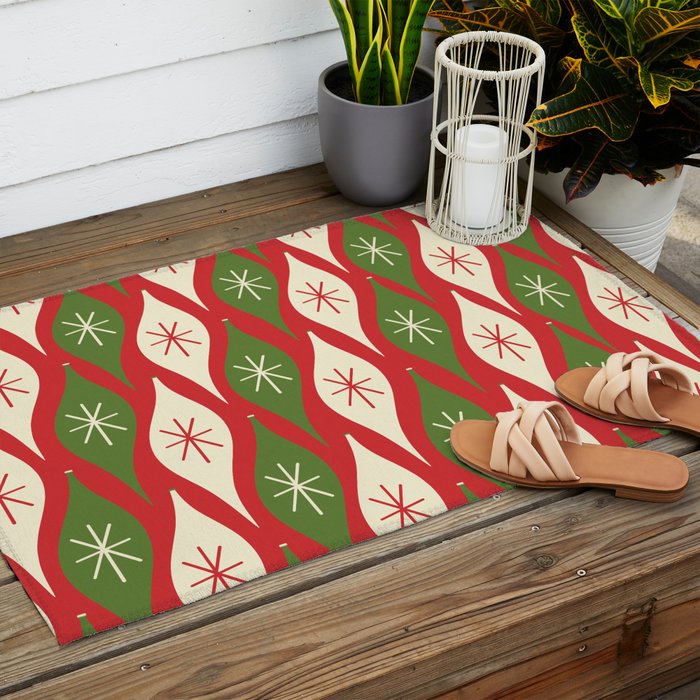 Retro Christmas Ornaments Pattern Red Cream Green Outdoor Rug Gallery Image 2