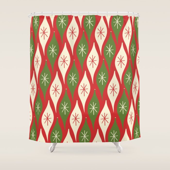 Retro Christmas Ornaments Pattern Red Cream Green Shower Curtain Gallery Image 1