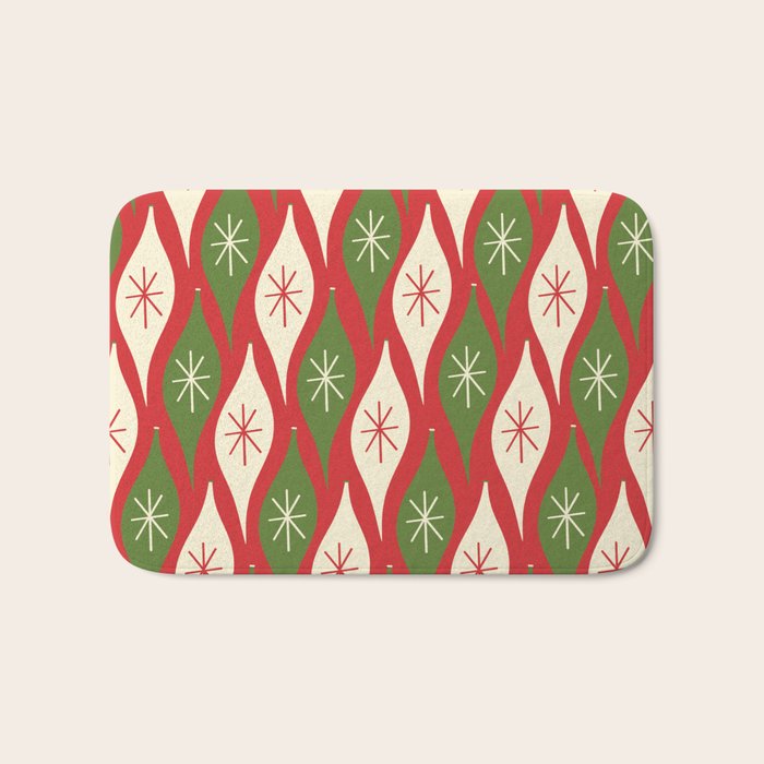 Retro Christmas Ornaments Pattern Red Cream Green Bath Mat Gallery Image 1