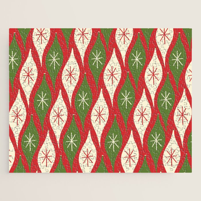 Retro Christmas Ornaments Pattern Red Cream Green Jigsaw Puzzle Gallery Image 1