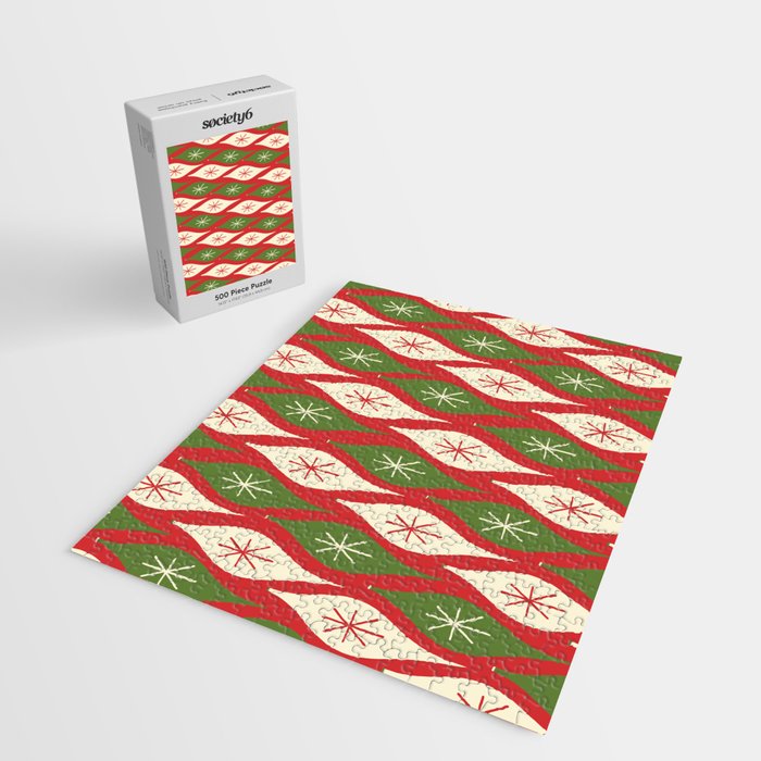 Retro Christmas Ornaments Pattern Red Cream Green Jigsaw Puzzle Gallery Image 2