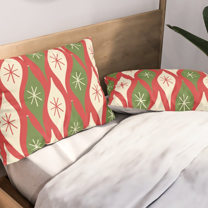 Retro Christmas Ornaments Pattern Red Cream Green Pillow Sham Gallery Image 2