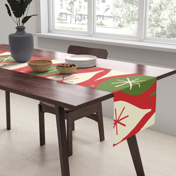 Retro Christmas Ornaments Pattern Red Cream Green Table Runner Gallery Image 2