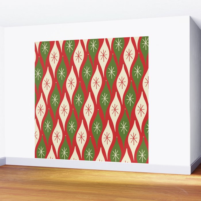 Retro Christmas Ornaments Pattern Red Cream Green Wall Mural Gallery Image 2