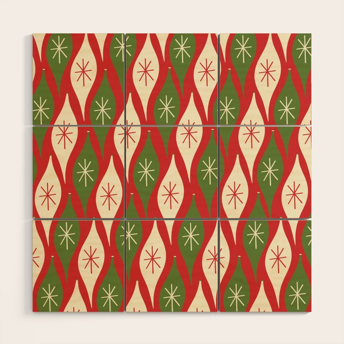 Retro Christmas Ornaments Pattern Red Cream Green Wood Wall Art Gallery Image 1