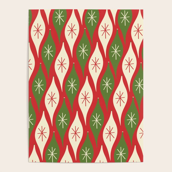 Retro Christmas Ornaments Pattern Red Cream Green Poster Gallery Image 1