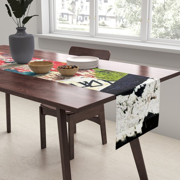 Urban Industrial Graffiti-Inspired Collage Art Aesthetic Abstract Table Runner Gallery Image 2