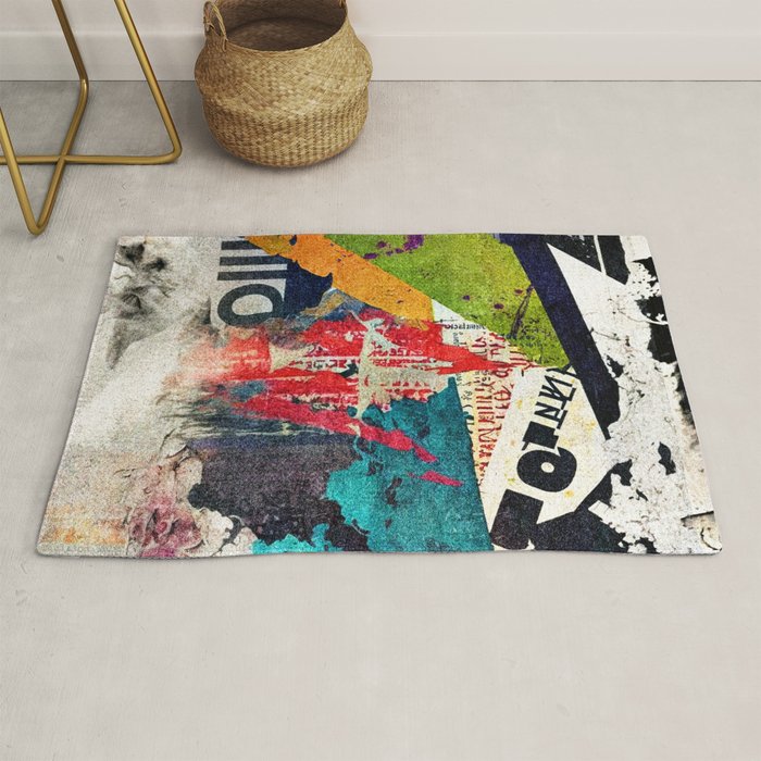 Urban Industrial Graffiti-Inspired Collage Art Aesthetic Abstract Rug Gallery Image 1