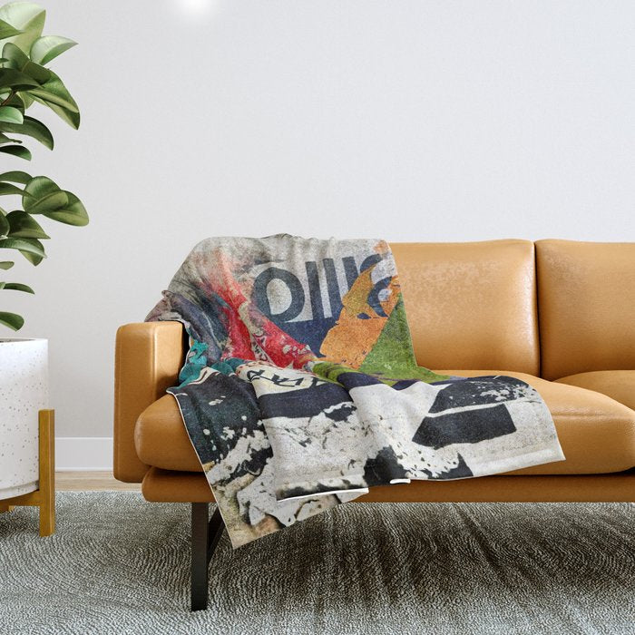 Urban Industrial Graffiti-Inspired Collage Art Aesthetic Abstract Throw Blanket Gallery Image 1