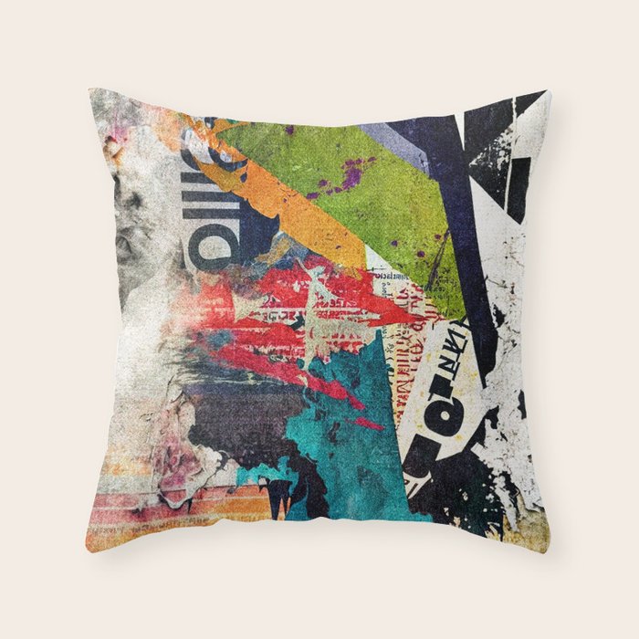 Urban Industrial Graffiti-Inspired Collage Art Aesthetic Abstract Throw Pillow Gallery Image 6