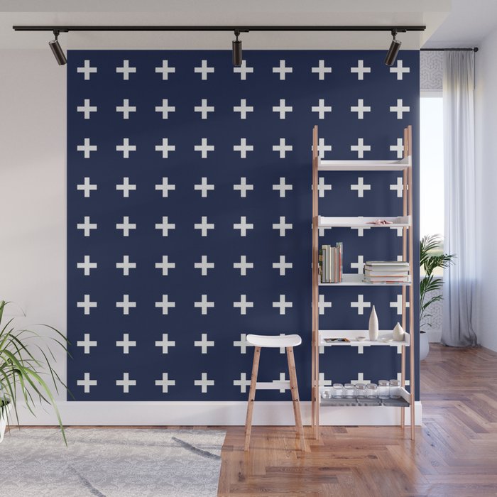 Navy Blue Swiss Cross Minimalist Line Drawing Wall Mural Gallery Image 1