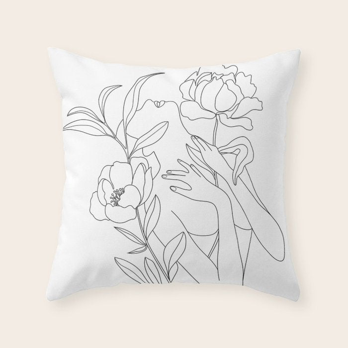 Minimal Line Art Woman with Peonies Throw Pillow Gallery Image 1