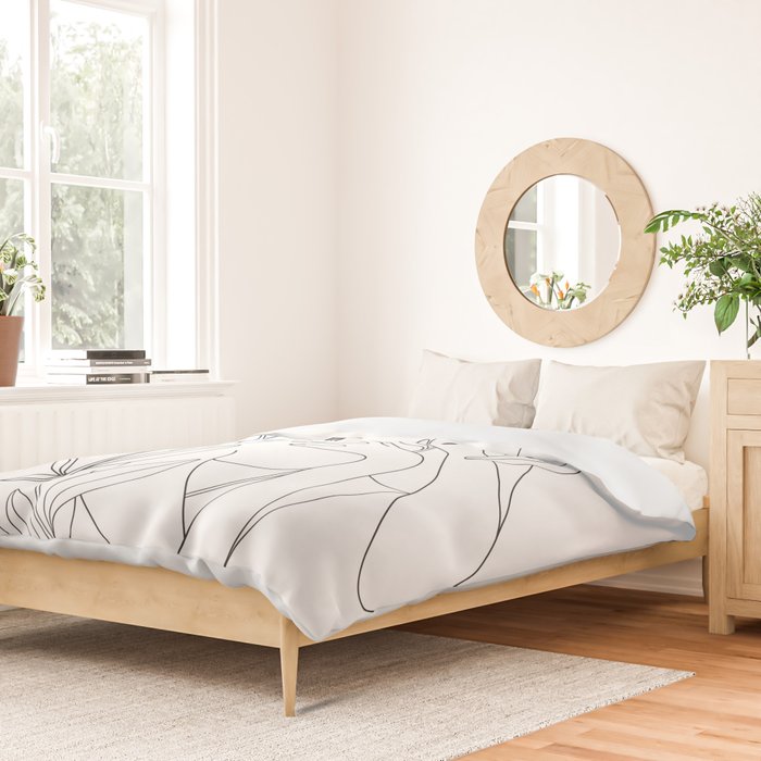 Minimal Line Art Woman with Peonies Duvet Cover Gallery Image 2