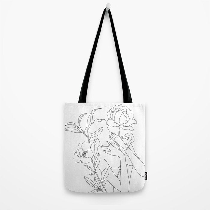 Minimal Line Art Woman with Peonies Tote Bag Gallery Image 2