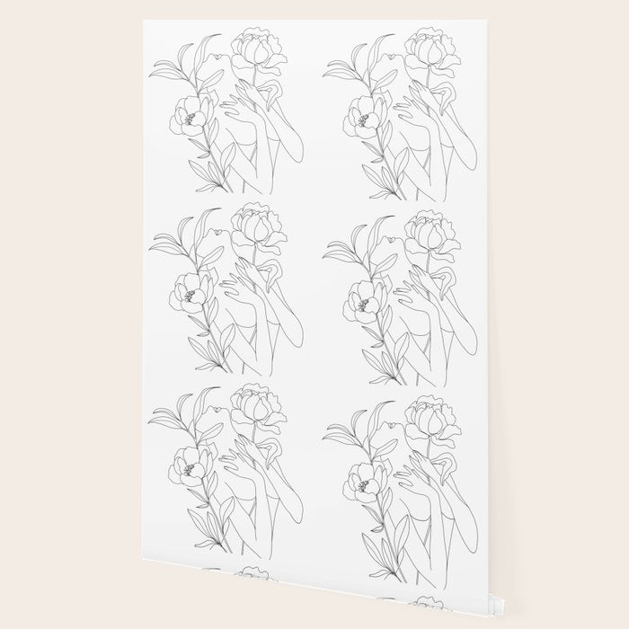 Minimal Line Art Woman with Peonies Wallpaper Gallery Image 2