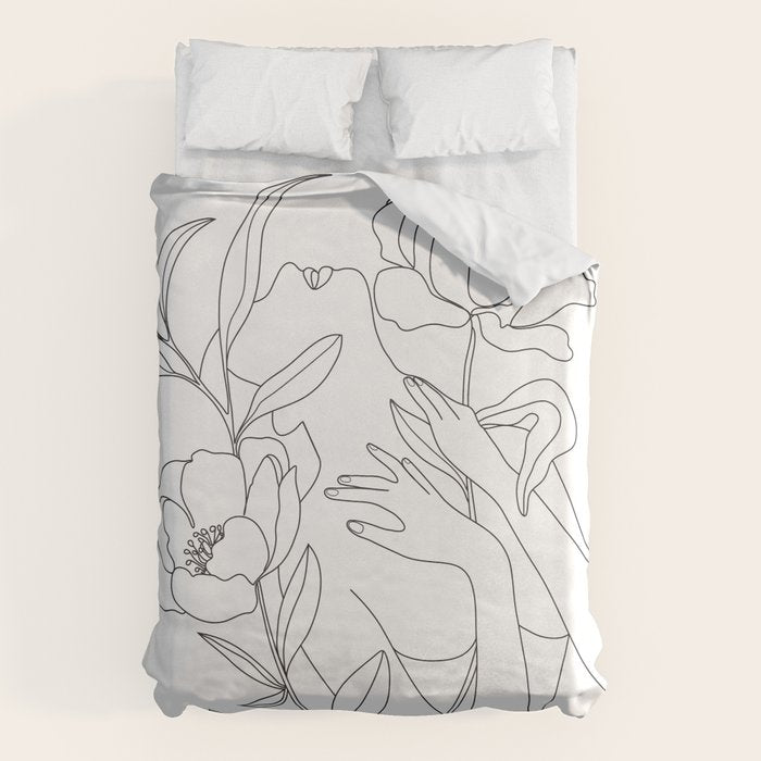 Minimal Line Art Woman with Peonies Duvet Cover Gallery Image 6