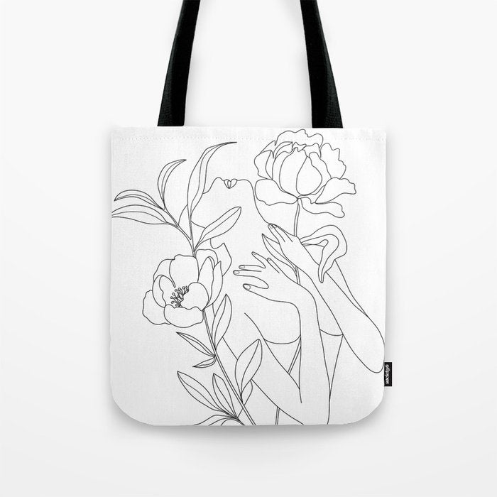 Minimal Line Art Woman with Peonies Tote Bag Gallery Image 1