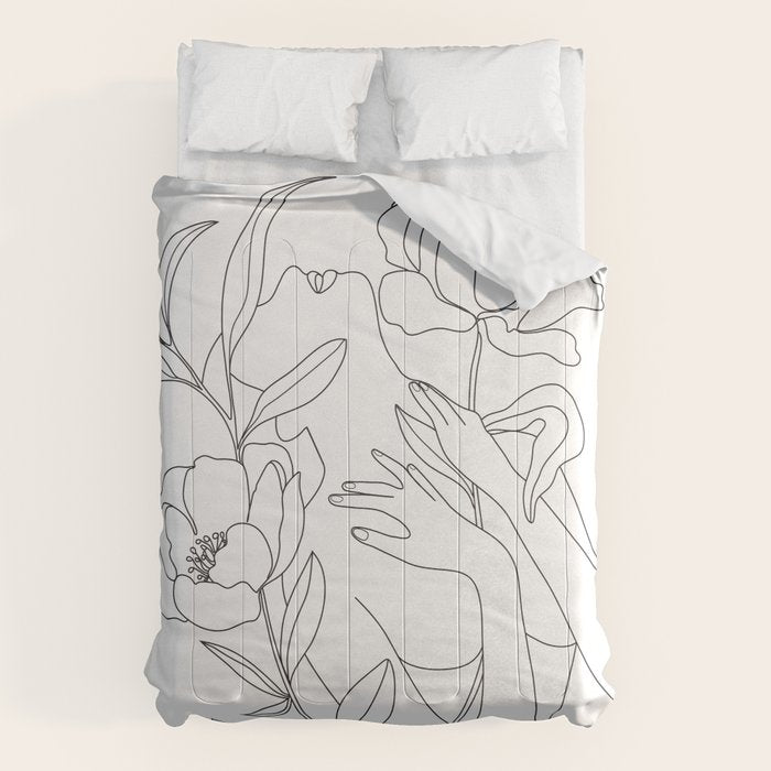 Minimal Line Art Woman with Peonies Comforter Gallery Image 1