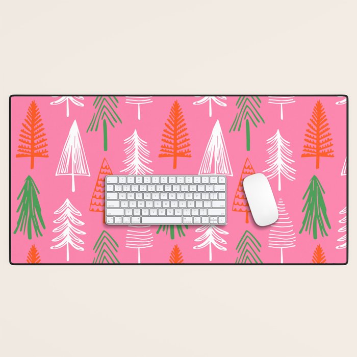 Pink christmas pine tree doodle pattern Desk Mat Gallery Image 1