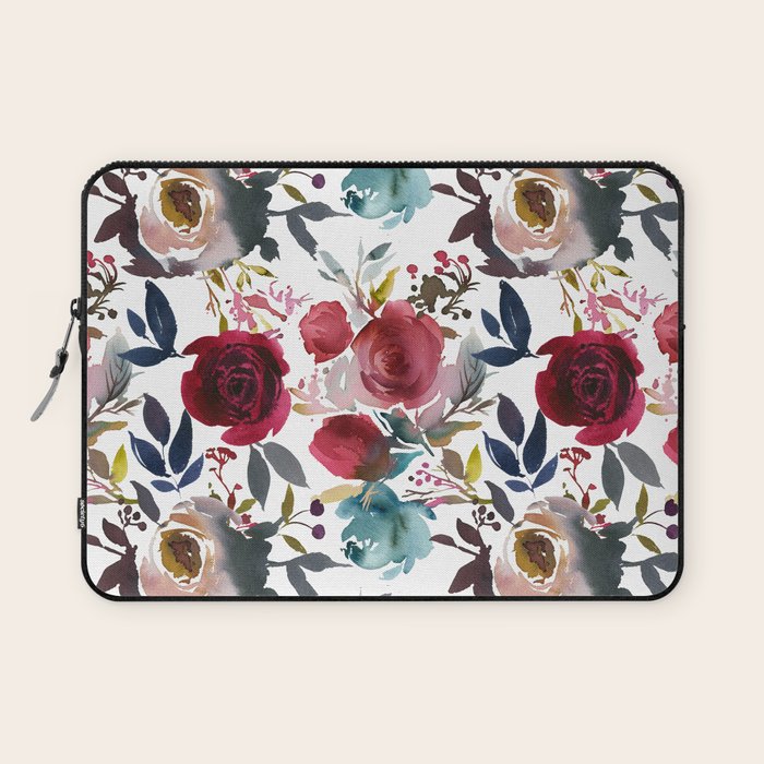 Hand painted burgundy coral teal watercolor botanical roses Laptop Sleeve Gallery Image 1