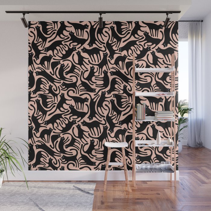 Curious Black Cats on Peachy Pink Wall Mural Gallery Image 1