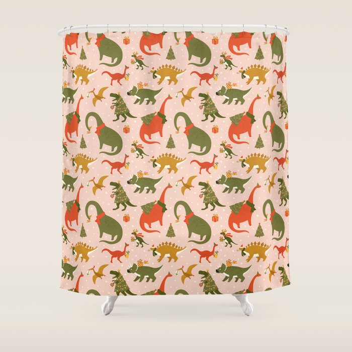 Tyrannosaurus and Dinosaurs Christmas Tree Rex Shower Curtain Gallery Image 1