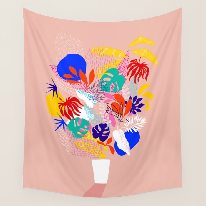 Keep Growing - Tropical plant on peach Wall Tapestry Gallery Image 1