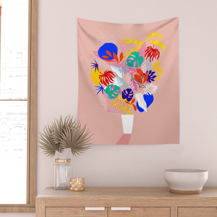 Keep Growing - Tropical plant on peach Wall Tapestry Gallery Image 2