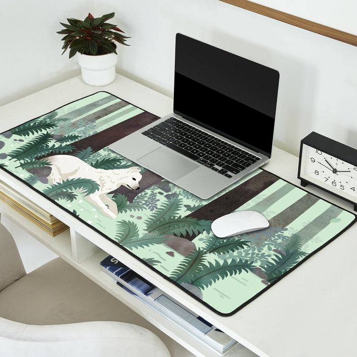 White Wolf in the Flowering Forest Desk Mat Gallery Image 2