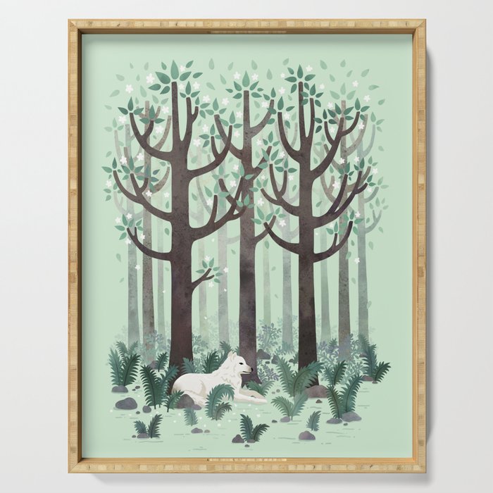 White Wolf in the Flowering Forest Serving Tray Gallery Image 1