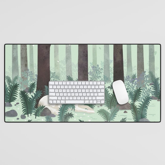 White Wolf in the Flowering Forest Desk Mat Gallery Image 1