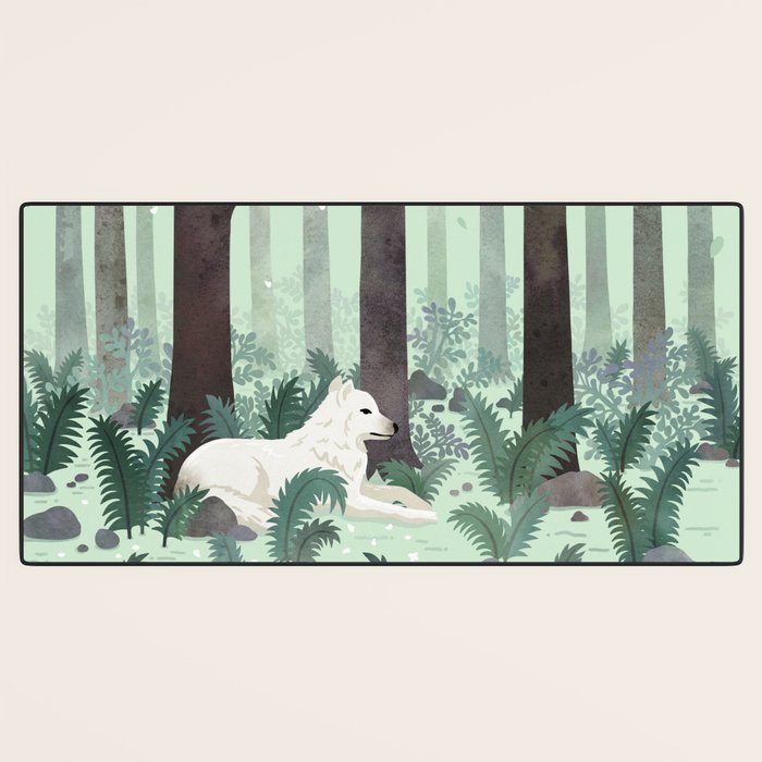 White Wolf in the Flowering Forest Desk Mat Gallery Image 3