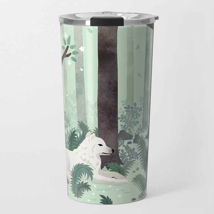 White Wolf in the Flowering Forest Travel Mug Gallery Image 1