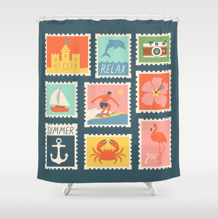 Vintage summer post card stamp drawing Shower Curtain Gallery Image 1