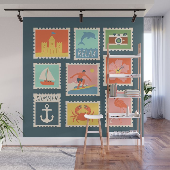 Vintage summer post card stamp drawing Wall Mural Gallery Image 1
