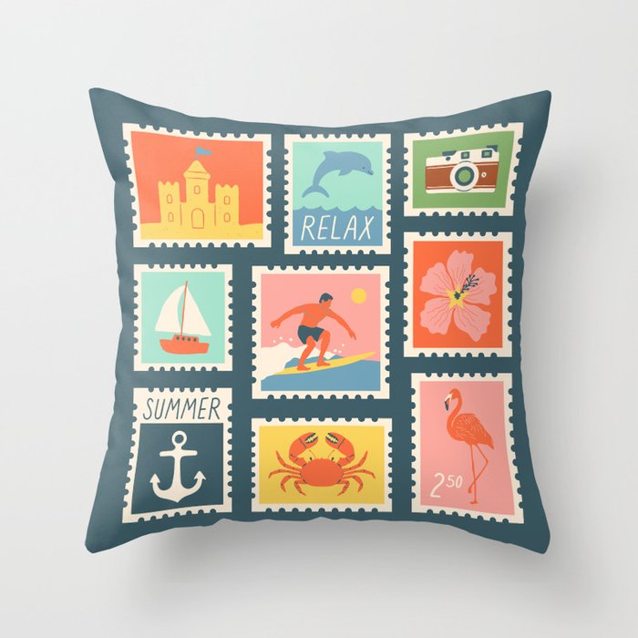 Vintage summer post card stamp drawing Throw Pillow Gallery Image 6