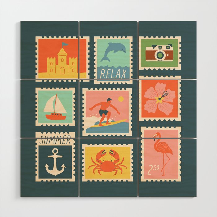 Vintage summer post card stamp drawing Wood Wall Art Gallery Image 1