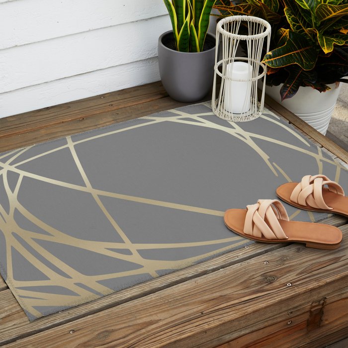 Gold and Gray Circles and Swirls Striped Abstract Pattern Outdoor Rug Gallery Image 2