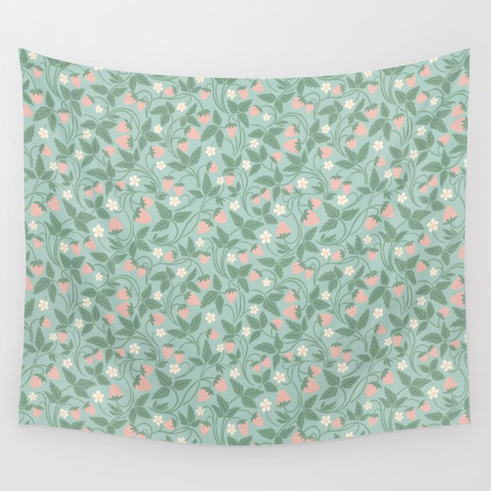 Strawberries - dusty pink and green on sky blue Wall Tapestry Gallery Image 4