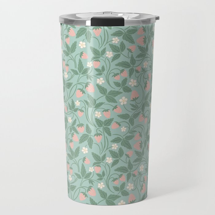 Strawberries - dusty pink and green on sky blue Travel Mug Gallery Image 1