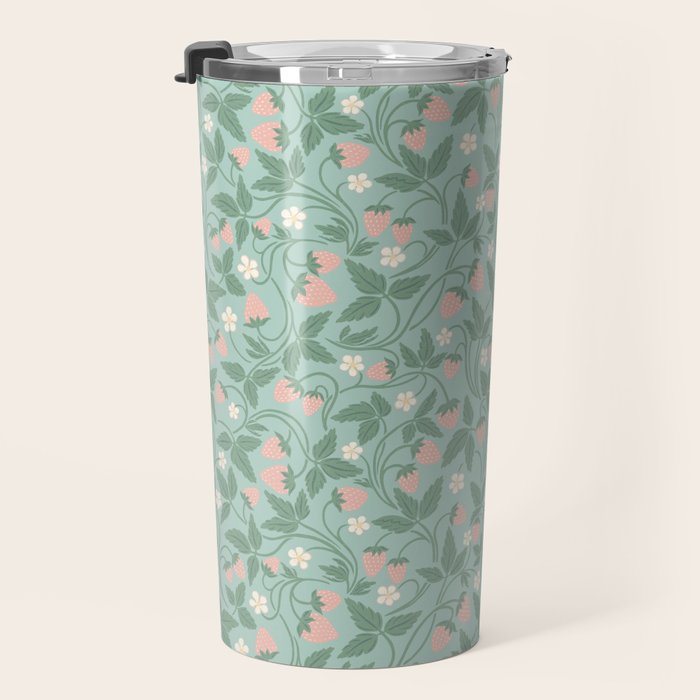 Strawberries - dusty pink and green on sky blue Travel Mug Gallery Image 3